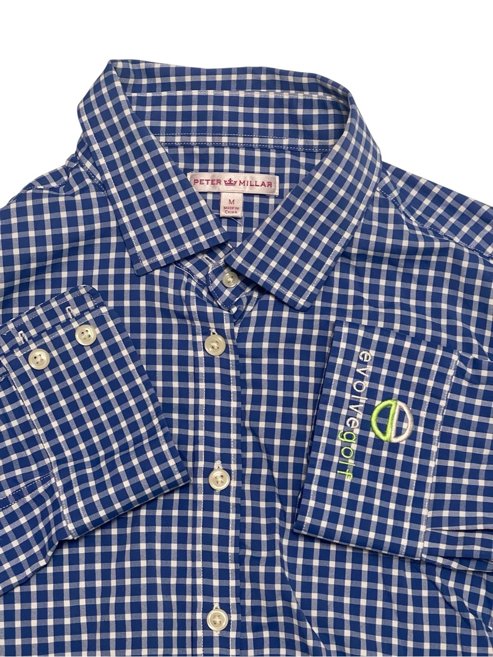 Peter Millar Blue and White Gingham Button-Down Shirt evolve golf embroidered